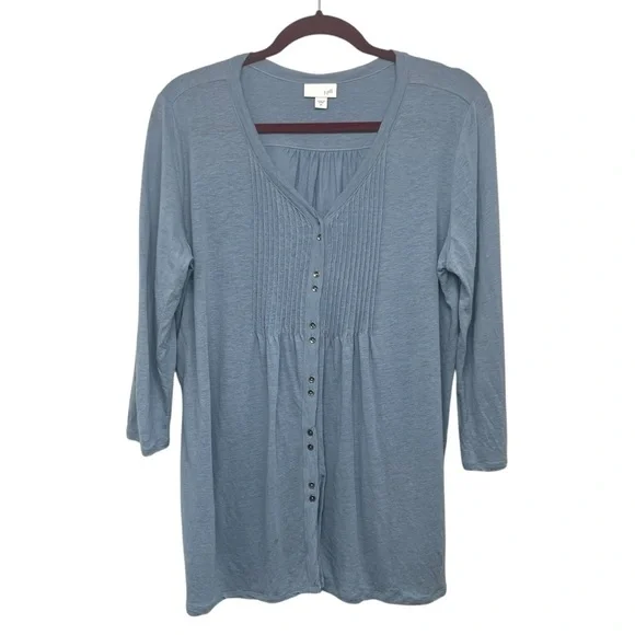 J. Jill Slate Blue Linen Modal Pintuck Button Front Casual Blouse Top Medium - Picture 3 of 9